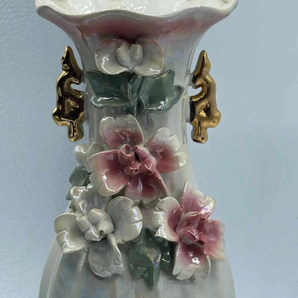 Vintage Vase iridescent Lusterware applied ceramic roses. - Picture 3 of 9